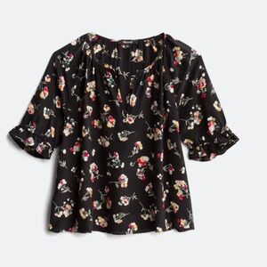 100% Silk Madewell Blouse Black with Flowers Size XL